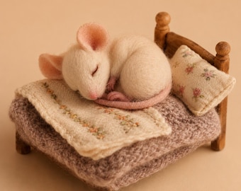 Needle Felted Sleeping Mouse on Mini Bed, Handmade Wool Mouse Figurine, Cozy Animal Sculpture, Cottagecore Nursery Decor Gift