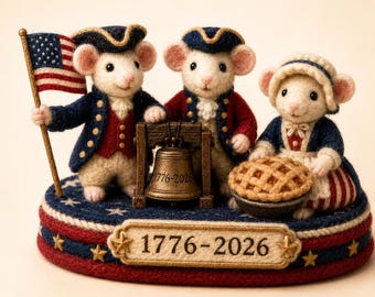 Handmade Needle Felted Patriotic Mouse Set, USA 250th 1776-2026 Decor, Fourth of July Americana Figurines