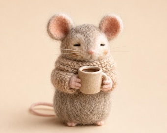 Nadel gefilzte Kaffee Maus Figur, handgemachte gemütliche Maus Puppe, Kaffee-Liebhaber Geschenk, Weihnachtsregal Dekor