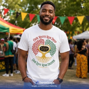 May include: A white short-sleeve t-shirt featuring a graphic of a tree with red and green leaves, a gold trunk, and roots. The text reads Our Roots Run Deep, Our Love Runs Deeper, Freedom Looks Good On Us, and Juneteenth 1865 in stylized fonts.