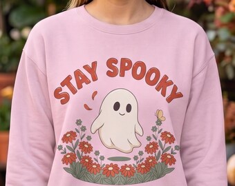 Bloemengeest | Blijf griezelig | Leuk Ghost Halloween-sweater met ronde hals | Retro Cottagecore Wildflower Spooky Season-sweater dames