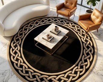 Celtic Knot Circular Rug: Black Tan Tufted Wool Mat, Dark Academia Heritage Decor