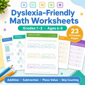 Puede incluir: Hojas de trabajo de matemáticas para disléxicos para los grados 1-2, edades 6-8. La imagen muestra 23 páginas imprimibles con temas como suma, resta, valor posicional y conteo. Las hojas de trabajo tienen diseños coloridos y ejemplos.