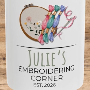 Personalized Embroidery Corner Mug, Custom Name Mug for Embroiderers, Gift for Cross Stitch Lover, Custom Hobby Mug