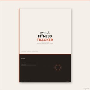 Puede incluir: Un cuaderno de seguimiento de gimnasio y fitness con una sección superior blanca y una inferior negra. La portada presenta el texto gym & FITNESS TRACKER en negro y naranja, con subtítulos que listan workout log, cardio, body metrics, progress.