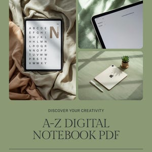 Puede incluir: Un PDF de cuaderno digital A-Z mostrado en una tableta. La imagen muestra una tableta con la letra "N" y una cuadrícula de letras, una segunda tableta, un lápiz óptico y una pequeña planta en maceta. El texto dice "Descubre tu creatividad".
