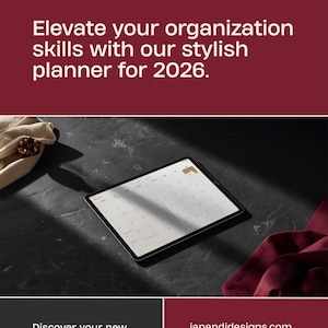 Puede incluir: Un planificador digital para 2026 en una tableta. La imagen presenta el texto "Eleva tus habilidades de organización con nuestro elegante planificador para 2026." y "Descubre tu nueva experiencia de planificación." El sitio web japandidesigns.com también es visible.