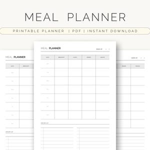 Puede incluir: Una hoja de planificador de comidas blanca con texto y líneas de cuadrícula negras, que incluye columnas para desayuno, almuerzo, cena y bocadillos, además de una sección de lista de compras. El texto dice MEAL PLANNER, PRINTABLE PLANNER.