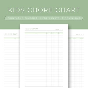 Może przedstawiać: Drukowana tabela obowiązków dla dzieci w zielono-białym wzornictwie. Tabela zawiera tekst "KIDS CHORE CHART" i "PRINTABLE PLANNER | PDF | INSTANT DOWNLOAD". Żółty ołówek znajduje się po prawej stronie obrazu.