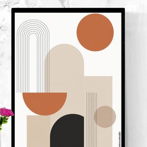 Könnte beinhalten: Abstrakter Kunstdruck mit geometrischen Formen in Beige, Schwarz und Rostorange. Das Kunstwerk umfasst Bögen, Kreise und Linien auf weißem Hintergrund, gerahmt in Schwarz. Der Druck stammt von LifeStructStudio.