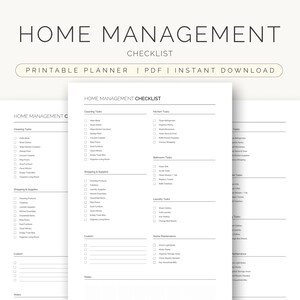 May include: A stack of white printable planner pages with the text "HOME MANAGEMENT CHECKLIST". The pages include sections for cleaning, shopping, and custom tasks. A yellow pencil with a pink eraser rests on the right side.