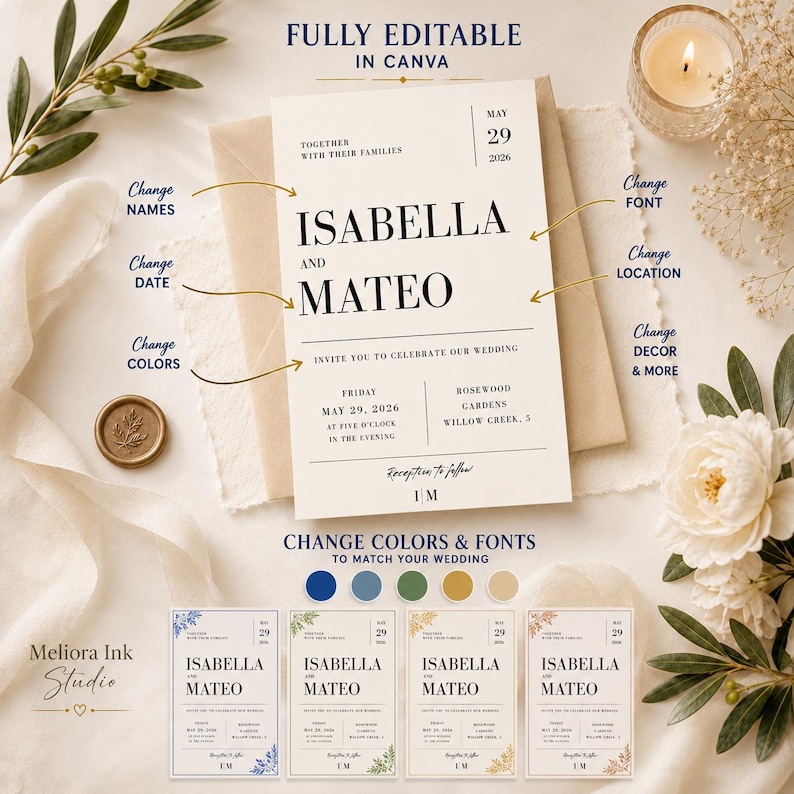 Modern Wedding Invitation, Editorial Canva Template, Minimalist Digital ...