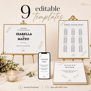 Puede incluir: Un conjunto de nueve plantillas de papelería de boda editables que incluyen un cartel de bienvenida, plano de asientos, portada de libro de visitas y tarjeta de agradecimiento. Texto negro con serifa, hojas minimalistas e iniciales IM.