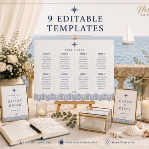 Mediterranean Wedding Signage Bundle, Editable Canva Wedding Signs, Nautical Wedding Decor, Wedding Welcome Sign, Seating Chart Template