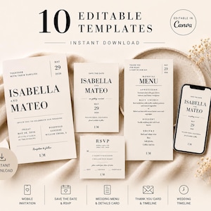 Puede incluir: Un conjunto de 10 plantillas de papelería de boda editables en crema con texto serif negro, que incluye invitación, save the date, RSVP, menú e invitación móvil. El diseño presenta los nombres Isabella y Mateo, con fecha 29 de mayo de 2026.