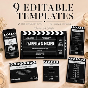 Puede incluir: Un conjunto de nueve plantillas de papelería de boda editables con un tema de claqueta de cine en blanco y negro. La colección incluye un save the date, invitación, menú, tarjeta RSVP y cronograma, con el texto Isabella & Mateo.