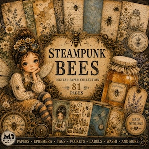 Może przedstawiać: Cyfrowa kolekcja papierów pod tytułem Steampunk Bees zawierająca 81 stron ilustracji w stylu vintage. Projekt przedstawia postać w goglach, słoik miodu, koła zębate, pszczoły oraz motywy kwiatowe w odcieniach brązu i złota.