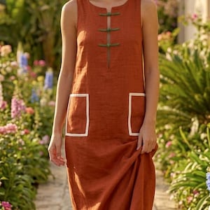 Rust Linen Midi Dress, Sleeveless, Loose Fit, Boho Style, Pockets
