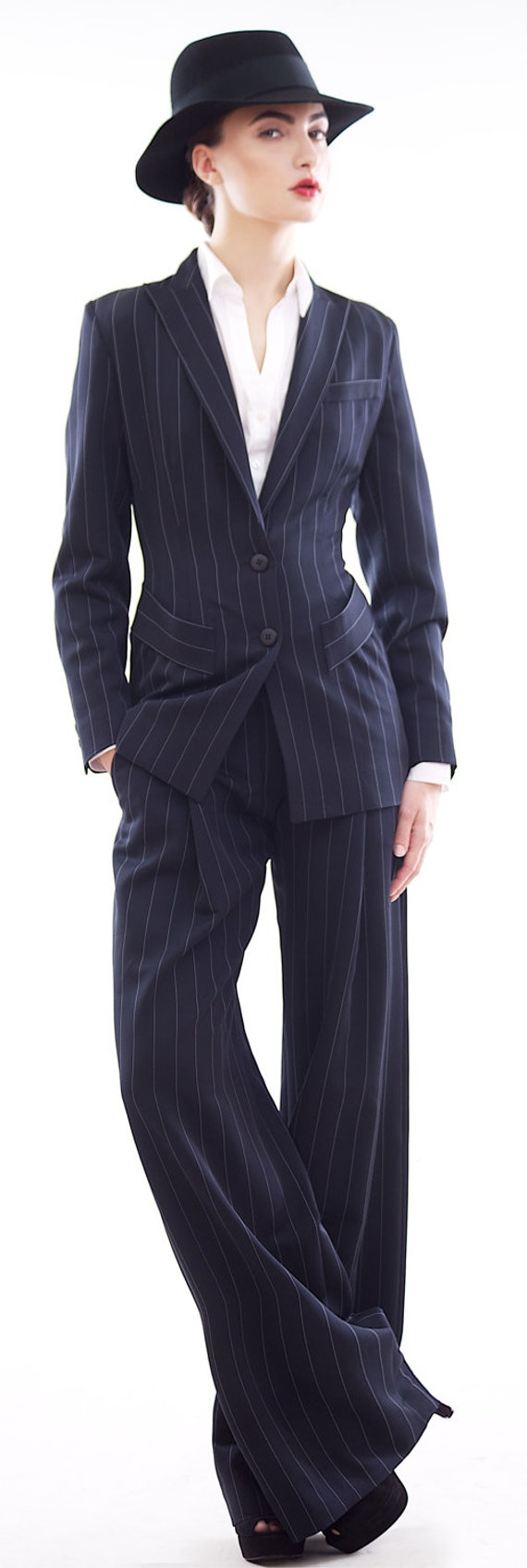 Man style navy blue stripe wool and viscose blend pants suit Etsy