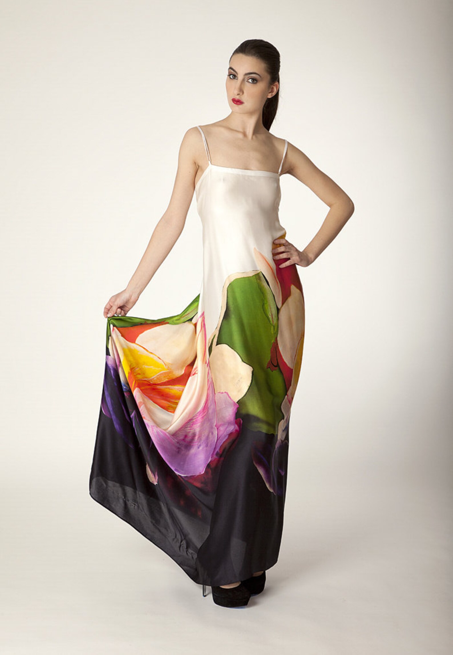 Silk satin-chiffon watercolor print maxi dress | Etsy