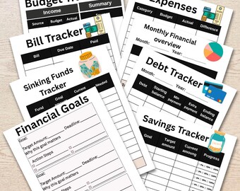 May include: A collection of printed financial planning sheets including a Budget Tracker, Bill Tracker, Sinking Funds Tracker, Financial Goals, Expenses, Monthly Financial Overview, Debt Tracker, and Savings Tracker with black headers and colorful icons.