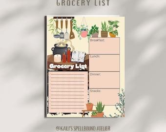 May include: A decorative grocery list notepad with a whimsical illustration. The notepad features a section for meal planning, with spaces for breakfast, lunch, dinner, and snacks. The design includes a cauldron, candles, and plants.