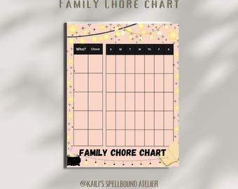 May include: A pink family chore chart with a grid for tracking tasks. The chart includes the text "Family Chore Chart" and "Who? Chore". Decorative elements include stars and string lights. The chart is designed to help organize household responsibilities.