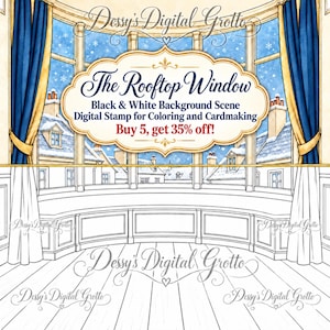 May include: A digital stamp illustration featuring a bay window view of snowy rooftops. The scene includes blue curtains, a wooden floor, and a central text label reading The Rooftop Window, Black & White Background Scene, Digital Stamp for Coloring and Cardmaking, Buy 5, get 35% off! and Dessy's Digital Grotto.