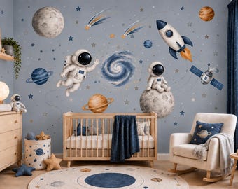 Stickers muraux aquarelle sur le thème de l'espace : astronautes, fusées, planètes – Décoration pour chambre d'enfant