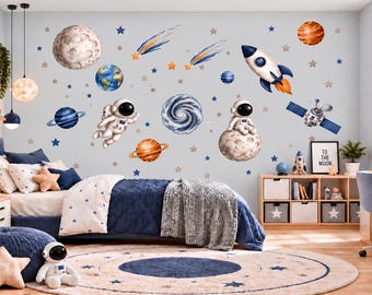 水彩画風宇宙ウォールステッカー：宇宙飛行士、ロケット、惑星の子供部屋装飾