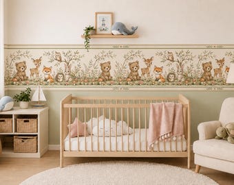 May include: A nursery room featuring a long wallpaper border with illustrations of woodland animals including bears, deer, foxes, hedgehogs, and owls. The border is set against a cream and sage green wall above a light wood crib and furniture.