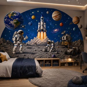 Puede incluir: Un mural de pared que muestra una escena espacial con un cohete despegando de una superficie lunar con cráteres, dos astronautas, planetas y estrellas. El mural se exhibe en un dormitorio con una cama, un escritorio y una silla.