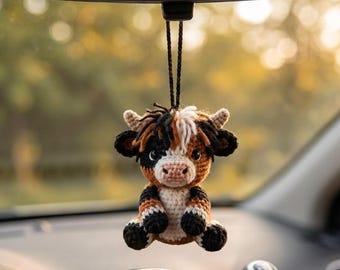 Handmade Crochet Highland Cow Car Charm, Amigurumi Rearview Mirror Hanging Decor