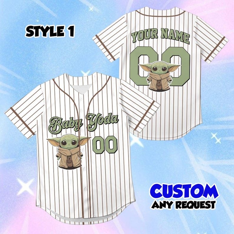 May include: White baseball jersey with brown pinstripes and accents. Features a Baby Yoda graphic, the text "Baby Yoda 00" on the front, and "YOUR NAME 00" on the back. The text "CUSTOM ANY REQUEST" is also visible.