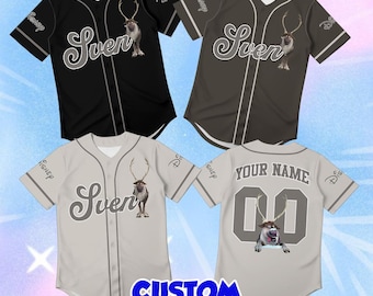Custom Name on Sven Jersey Kids, Personalized Reindeer Cartoon Baseball Shirt Toddler, Disney World Outfit Youth, Cute Grey Birthday Gift