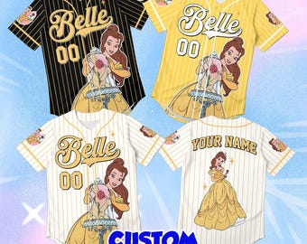 Belle Baseball Jersey, Custom Disney Princess Apparel, Personalized Enchanted Rose Name Shirt, Striped Golden Gown Outfit Gift