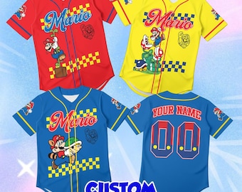 Custom Mario Jersey Kids, Personalized Name on Cartoon Baseball Shirt Toddler, Disney World Outfit Youth, Red Birthday Gift Cute Top