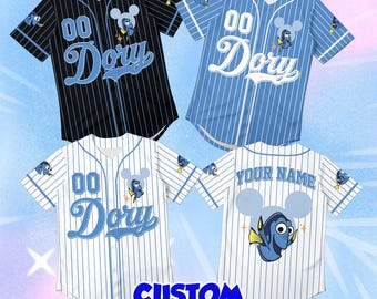 Custom Dory Baseball Jersey, Personalized Mickey Ear Pinstripe Shirt, Finding Nemo Disney Cosplay Outfit, Cute Fish Character Gift
