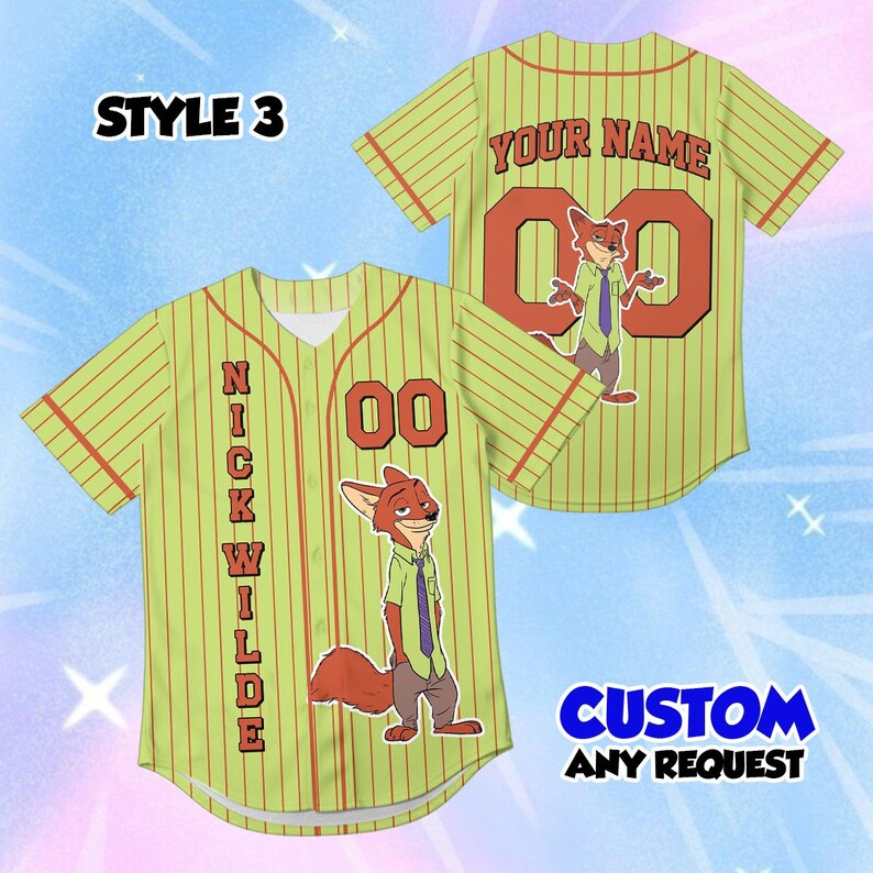 May include: A light green baseball jersey with red pinstripes and accents. The jersey features a cartoon fox character, the name "NICK WILDE", and the number "00". The text "YOUR NAME" and "CUSTOM ANY REQUEST" are also visible.