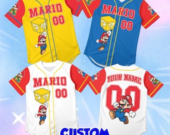 Custom Name on Mario Jersey Kids, Personalized Cartoon Baseball Shirt Toddler, Disney World Outfit Youth, Yellow Birthday Gift Cute Top