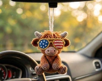 Handmade Crochet Highland Cow Car Charm, Amigurumi Patriotic Cow Rearview Mirror Hanging Decor, 4th July Gift