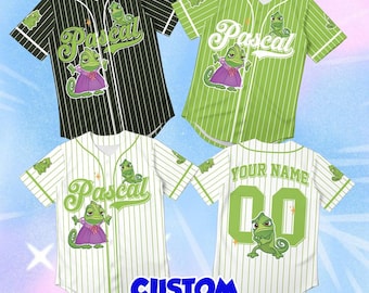 Pascal Baseball Jersey, Custom Disney Character Apparel, Personalized Chameleon Name Shirt, Striped Tangled Green Outfit Gift for Men
