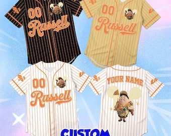 Custom Russell Baseball Jersey, Personalized Mickey Ear Pinstripe Shirt, Disney Pixar Up Cosplay Outfit, Cute Boy Character Gift