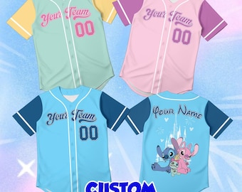Stitch and Angel & Scrump Kids Baseball Jersey, Custom Disney Castle Toddler Shirt, Cute Alien Apparel, Personalized Name Number Girl Gift