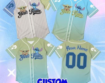Stitch and Grogu Kids Baseball Jersey, Custom Disney Baby Yoda Shirt, Cute Alien Youth Apparel, Personalized Name Number Birthday Gift Tee