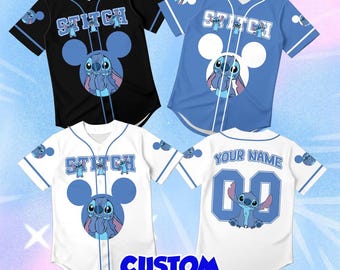 Custom Name on Stitch Jersey Kids, Personalized Cartoon Baseball Shirt Toddler, Disney World Outfit Youth, Blue Birthday Gift Cute Top