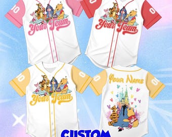 Custom Winnie The Pooh Baseball Jersey, Personalized Family Vacation Shirt, Cute Tigger Eeyore Apparel, Whimsical Group Birthday Gift Outfit