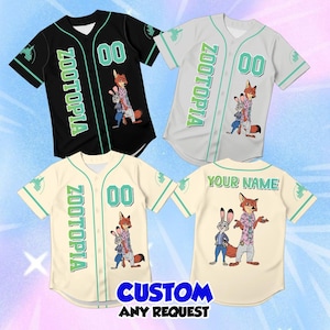 May include: Four short-sleeve button-down baseball jerseys in black, white, and cream. Each features the text ZOOTOPIA, the number 00, and a graphic of Judy Hopps and Nick Wilde. One jersey back displays the customizable text YOUR NAME.