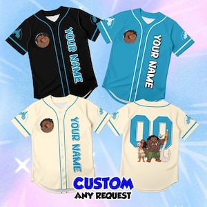 May include: Three short-sleeved button-down baseball jerseys in black, light blue, and cream. Each features the text "YOUR NAME" on the front, a circular character graphic, and a castle logo on the sleeve. The cream jersey back displays the number 00.