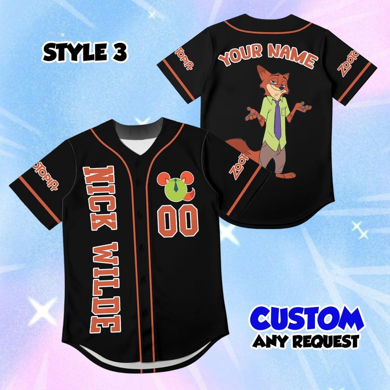 May include: A black baseball jersey with orange trim, featuring the text NICK WILDE, the number 00, and a circular graphic on the front. The back displays the text YOUR NAME and an illustration of a fox character. The sleeves feature Zootopia text.